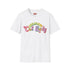 An election 2024 t-shirt with a colorful retro-style graphic that reads "Childless Cat Lady" across the chest. The text is in a playful, curvy font with each word in a different color - "Childless" in yellow-green, "Cat" in pink, and "Lady" in purple. Small cat face icons are incorporated into the letters 'a' in "Cat" and "Lady".